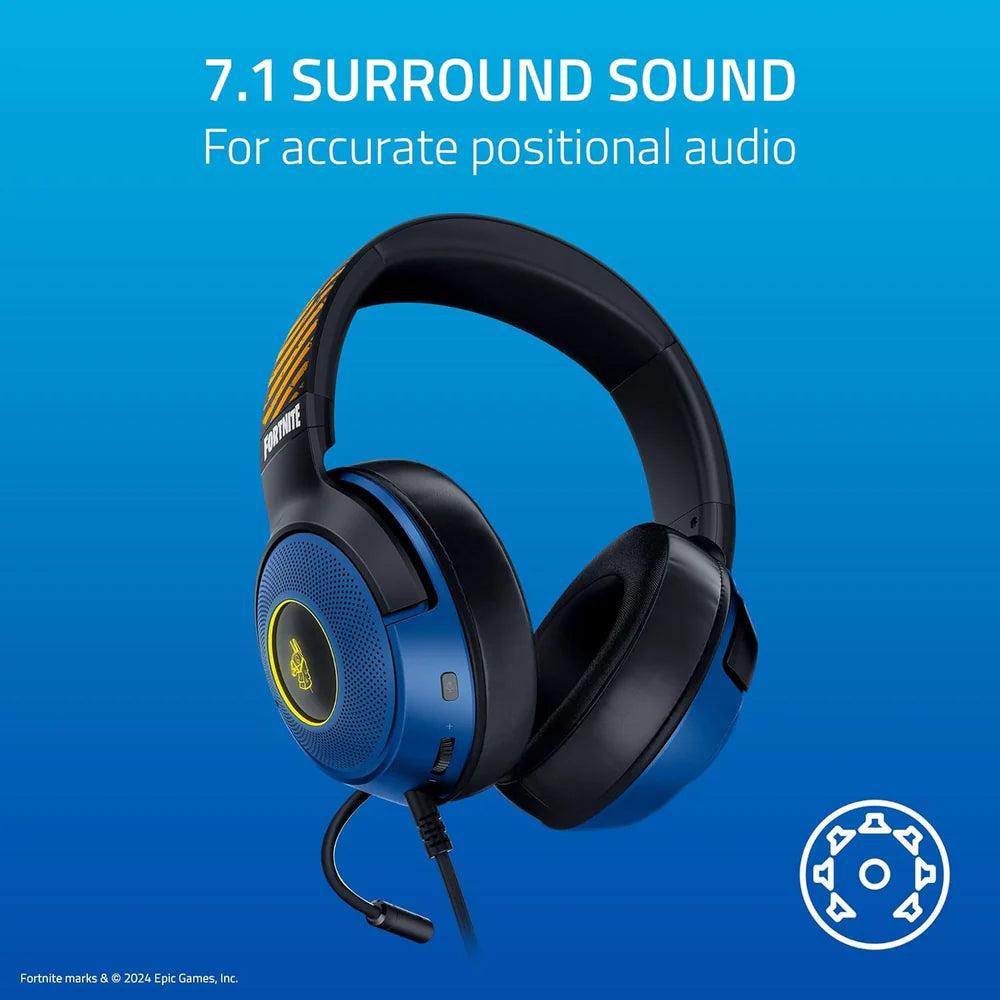 Razer   Kraken   V3   X   Wired   USB   Gaming   Headset:   285g   Lightweight   Build   -   Triforce   40mm   Drivers   -   HyperClear   Cardioid   Mic   -   7.1   Surround   Sound   -   Chroma   RGB   Lighting   -   Fortnite   Edition