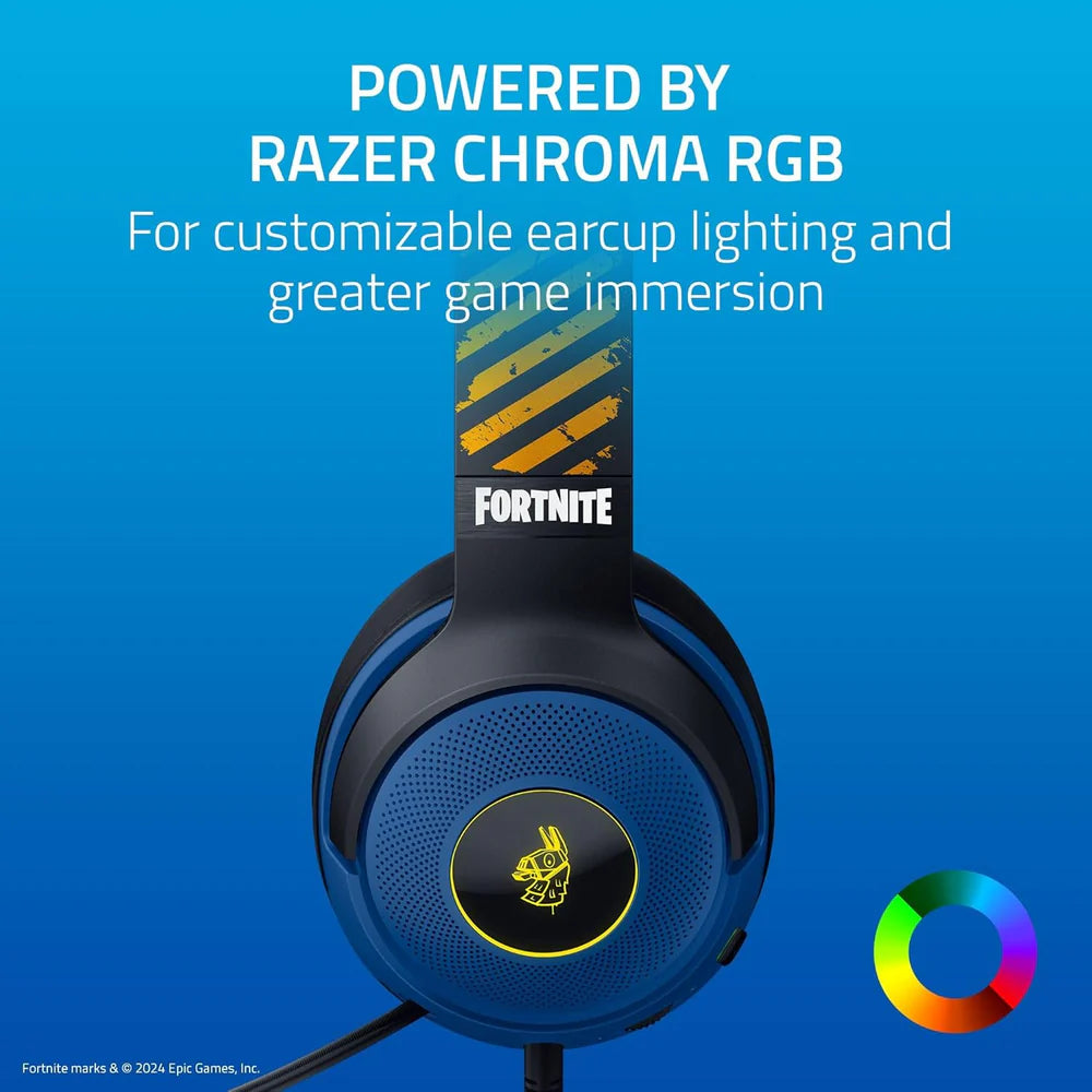 Razer   Kraken   V3   X   Wired   USB   Gaming   Headset:   285g   Lightweight   Build   -   Triforce   40mm   Drivers   -   HyperClear   Cardioid   Mic   -   7.1   Surround   Sound   -   Chroma   RGB   Lighting   -   Fortnite   Edition