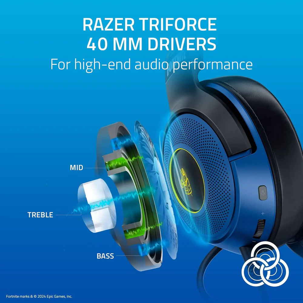 Razer   Kraken   V3   X   Wired   USB   Gaming   Headset:   285g   Lightweight   Build   -   Triforce   40mm   Drivers   -   HyperClear   Cardioid   Mic   -   7.1   Surround   Sound   -   Chroma   RGB   Lighting   -   Fortnite   Edition