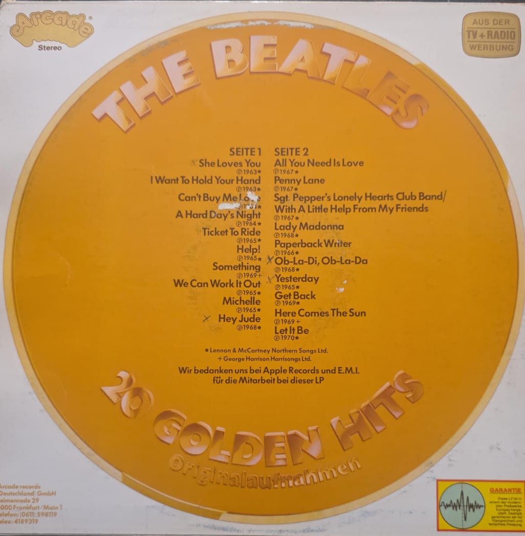 vintage 1979 vinyl LP compilation titled The Beatles – 20 Golden Hits