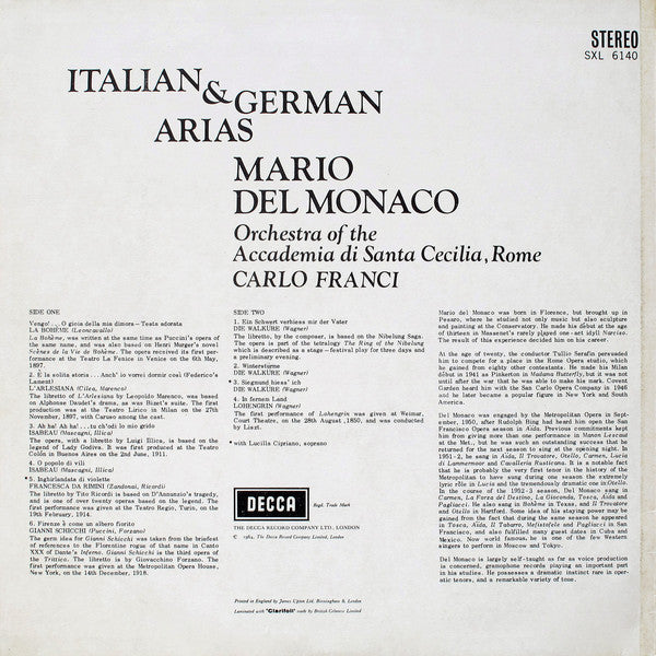 vinyl LP album Italian & German Arias by Italian tenor Mario del Monaco,