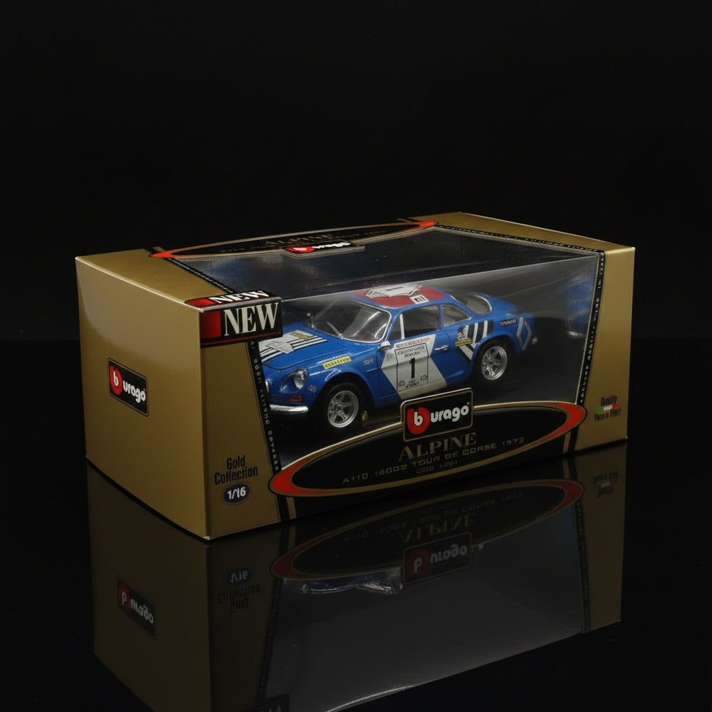 Bburago 1:16 scale VINTAGE Alpine A110 1600s Tour  de Corse 1973 MADE IN ITALY GOLD SERIES