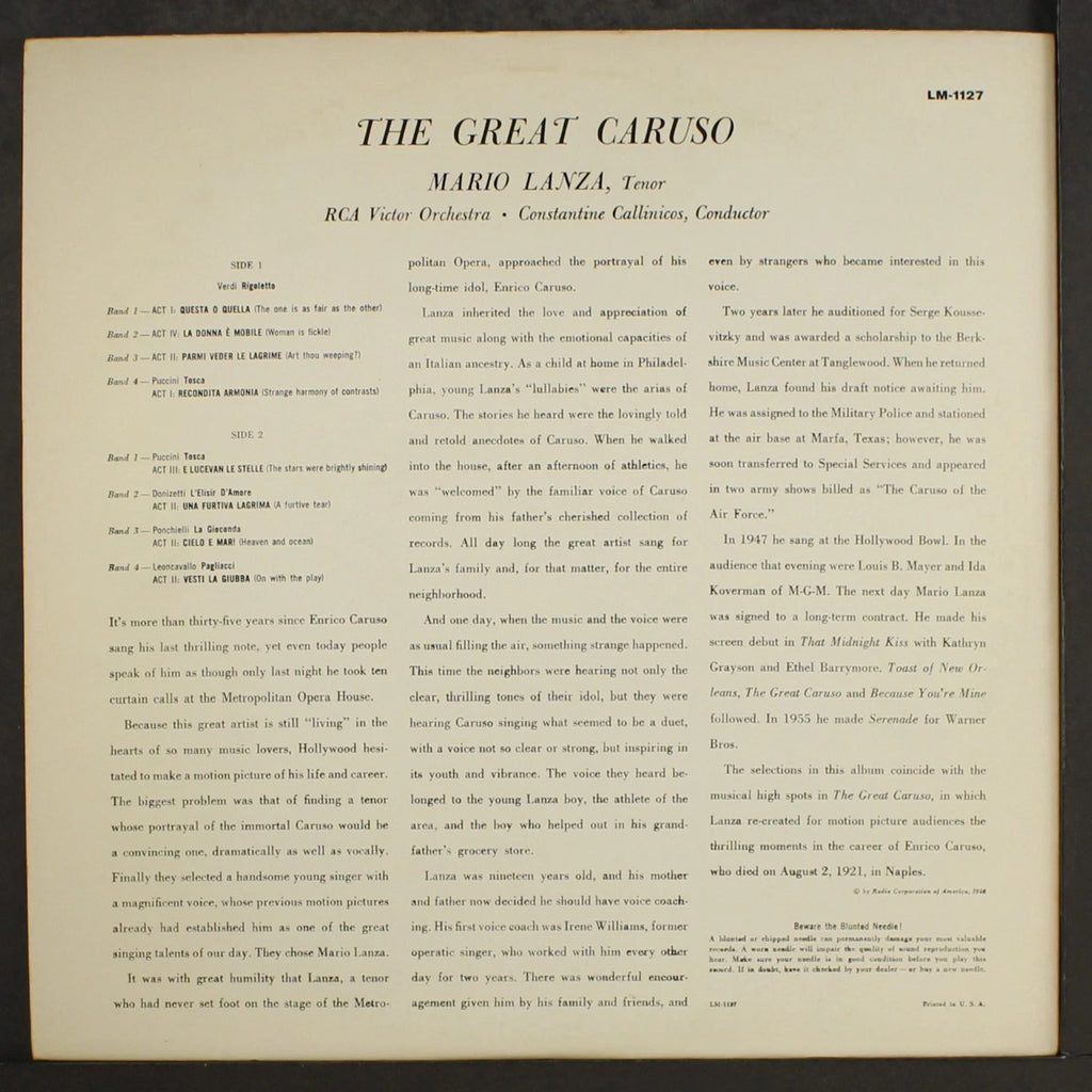 vintage vinyl LP The Great Caruso featuring tenor Mario Lanza
