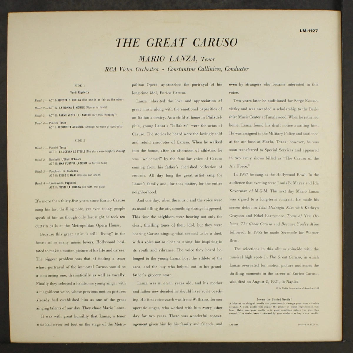 vintage vinyl LP The Great Caruso featuring tenor Mario Lanza