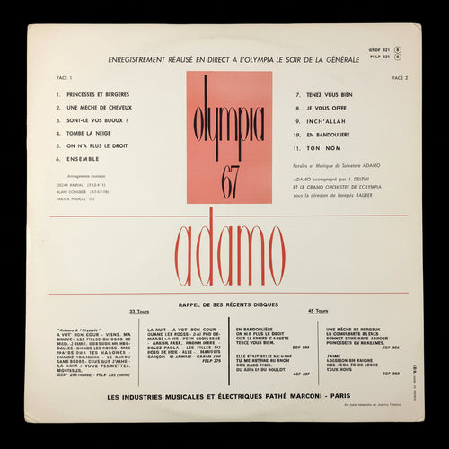 Adamo – Olympia 67 Vinyl LP EMI France Chanson FELP 321