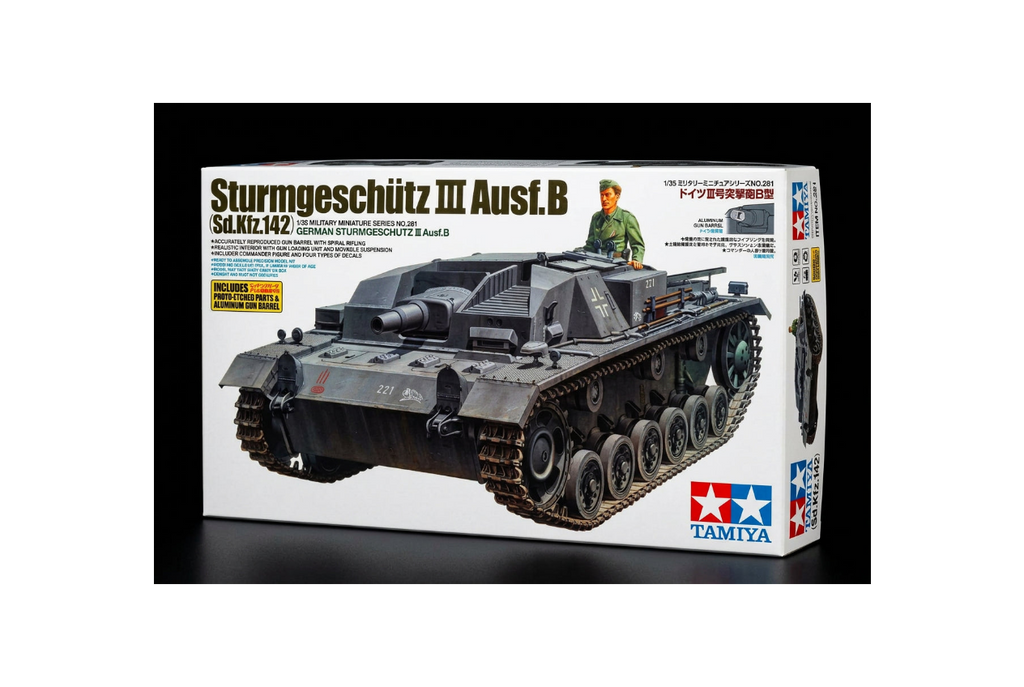 Tamiya 1/35 German Sturmgeschütz III Ausf. B (Sd.Kfz. 142) model kit (Item No. 35281).
